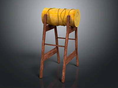 Unique Bar Stool Featuring Yellow Barrel Seat Roped On Wooden Ladder Frame 3d model