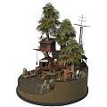 Cartoon Scene Featuring Wooden Treehouse Cabin Surrounding Trees Small Ladder And Antenna