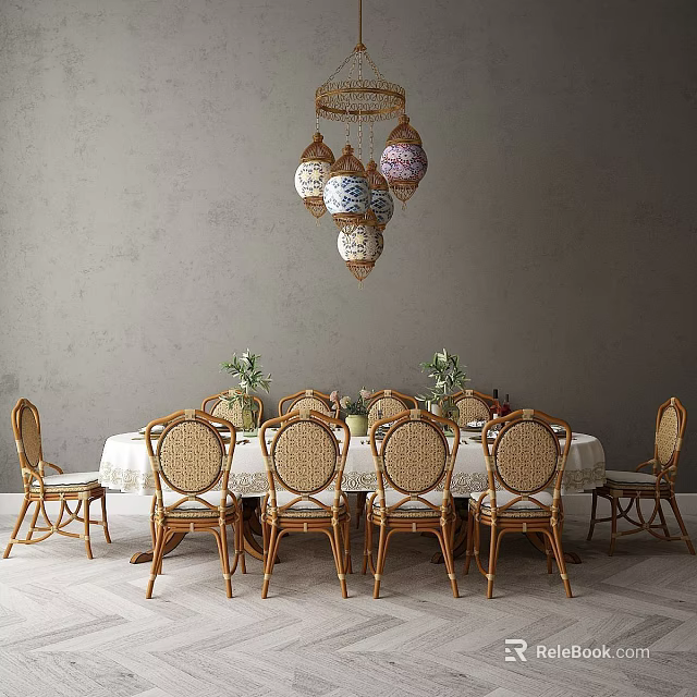 Tech Exhibition Hall Dining Space Featuring Round Table Rattan Chairs And Pendant Lights 3d model 