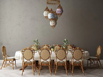 Tech Exhibition Hall Dining Space Featuring Round Table Rattan Chairs And Pendant Lights 3d model