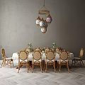 Tech Exhibition Hall Dining Space Featuring Round Table Rattan Chairs And Pendant Lights