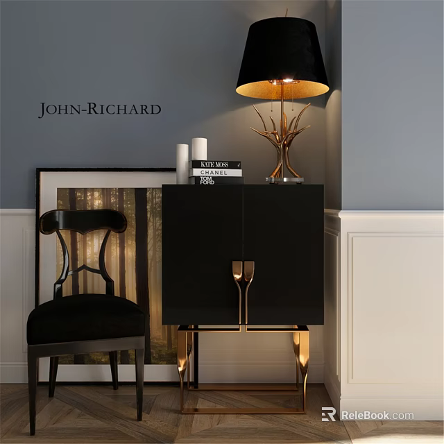 Elegant Black Chest of Drawers with Gold Legs Table Lamp and Books 3d model 