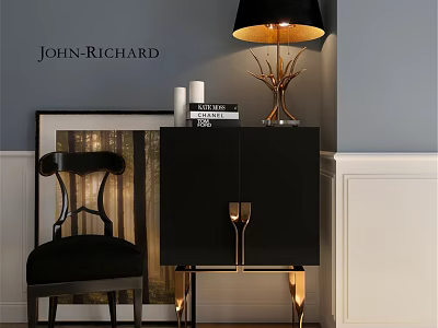 Elegant Black Chest of Drawers with Gold Legs Table Lamp and Books 3d model