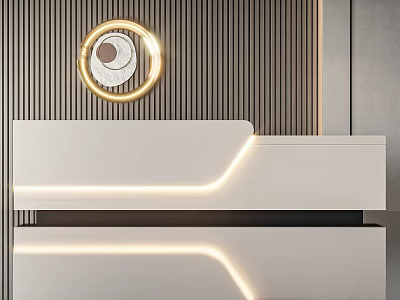 Modern Reception Desk Design With White Surface LED Lighting Vertical Striped Wall And Circular Decor 3d model