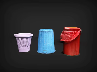 Colorful Trash Bins with Pink Blue Red Containers and Red Garbage Bag 3d model