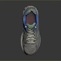 Gray Running Shoes With Blue Accents Green Details White Laces Mesh Upper And Cushioned Sole