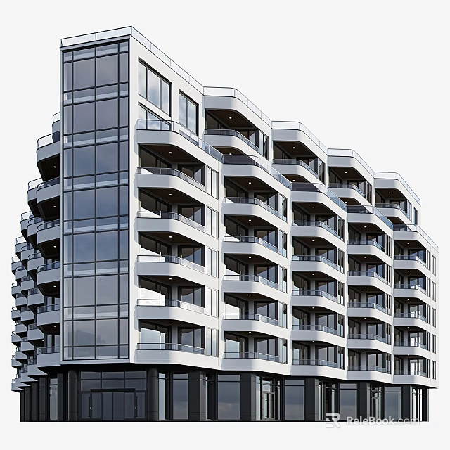 Modern High Rise Residential Building with Glass Facade Open Balconies and Floor to Ceiling Windows 3d model 
