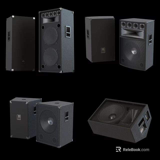 Black Audio Speakers In Various Sizes And Box Design For Sound Systems 3d model 