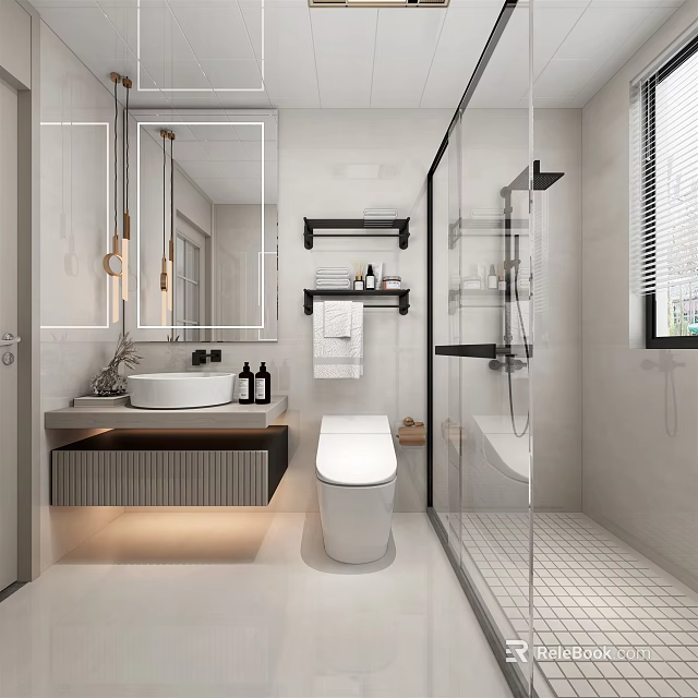 Modern Bathroom Interior Design With Wall Mounted Sink Large Mirror And Glass Shower Enclosure 3d model 