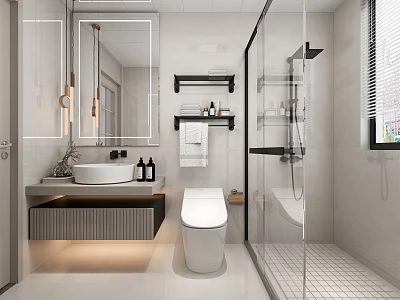 Modern Bathroom Interior Design With Wall Mounted Sink Large Mirror And Glass Shower Enclosure 3d model