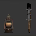 Vintage Decorative Weapon With Feather Handle And Metal Decorations Alongside Metal Lantern On White Background