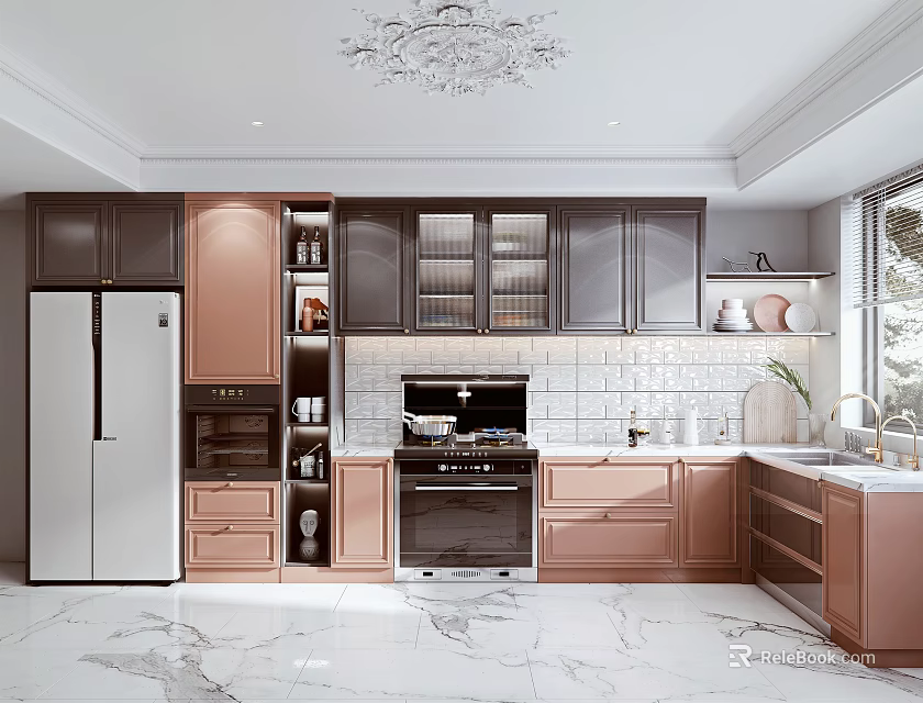 Modern Kitchen Interior With Brown Cabinets Refrigerator Oven White Countertop And Tile Backsplash 3d model 