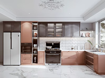 Modern Kitchen Interior With Brown Cabinets Refrigerator Oven White Countertop And Tile Backsplash 3d model
