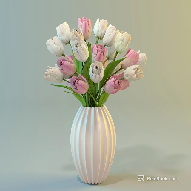 White Striped Vase with Pink and White Tulips and Green Leaves Decorative Arrangement 3d model 