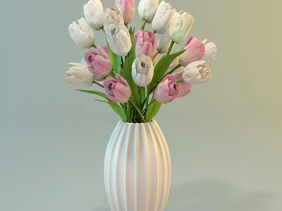 White Striped Vase with Pink and White Tulips and Green Leaves Decorative Arrangement 3d model
