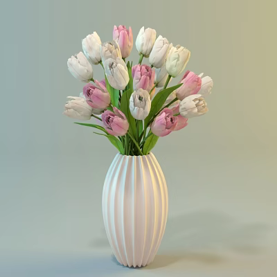 White Striped Vase with Pink and White Tulips and Green Leaves Decorative Arrangement 3d model