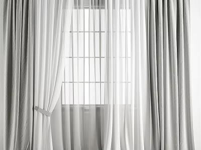 White and Light Gray Sheer Curtains With Thick Panels For Window Grid Design Interior 3d model