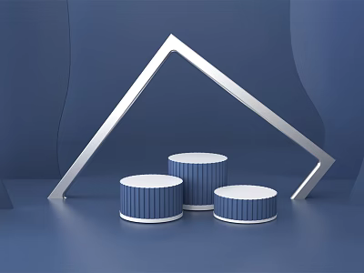 Ecommerce Product Display With Silver Triangular Frame And Three Blue White Cylindrical Stands 3d model