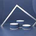 Ecommerce Product Display With Silver Triangular Frame And Three Blue White Cylindrical Stands 3d model