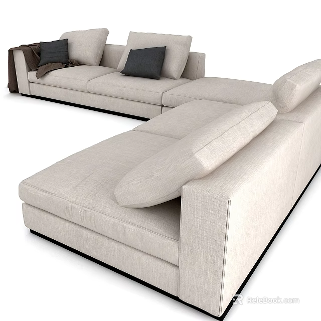 Modern Beige Sectional Sofa with Dark Throw Pillows and Brown Blanket 3d model