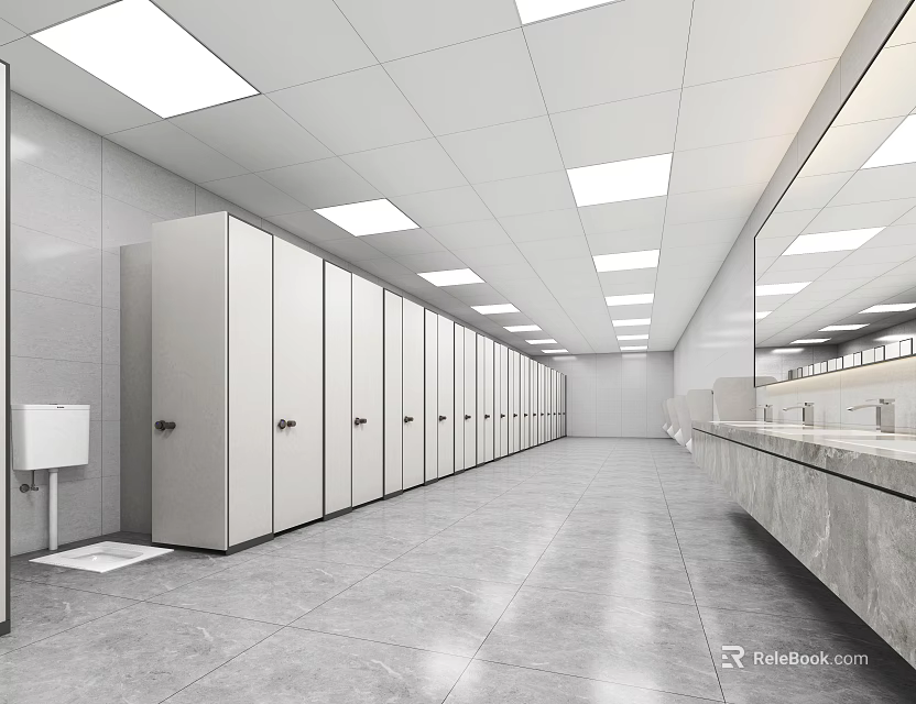 Spacious Public Restroom With Stalls Sinks And Ceiling Lights 3d model