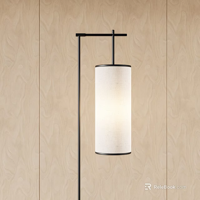 Modern Minimalist Floor Lamp With Fabric Shade And Black Metal Stand On Wooden Wall 3d model 