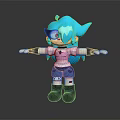 3D Game Movie Character With Teal Hair Pink Eyes White Top Blue Shorts Arms Outstretched