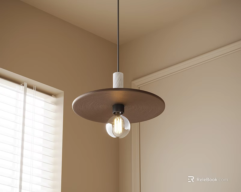 Modern Pendant Light With Circular Wooden Shade Clear Globe Bulb And Beige Wall Window Blinds 3d model 