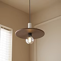 Modern Pendant Light With Circular Wooden Shade Clear Globe Bulb And Beige Wall Window Blinds