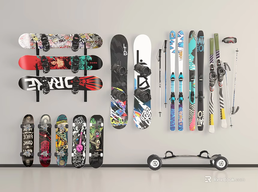 Wall Mounted Sports Equipment Display With Skateboards Skis Poles And Longboard 3d model 