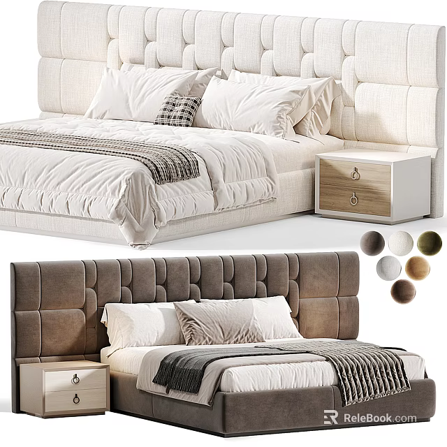 Elegant Double Bed Featuring Upholstered Headboard Nightstand Soft Bedding And Multiple Color Options 3d model 