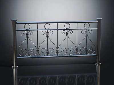 Decorative Wrought Iron Railing With Intricate Scroll Patterns And Silver Posts 3d model