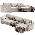 Light Colored Upholstered Multi Seat Sofa With Decorative Pillows And Throw Blankets 3d model