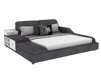 Modern Gray Double Bed With Headboard Cushions White Mattress And Side Nightstand 3d model
