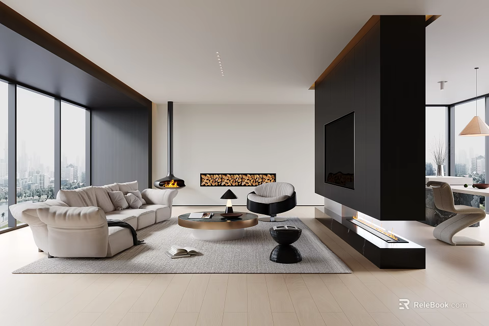 Modern Living Dining Area With Beige Sofa Black Accents And Fireplace Large Windows 3d model 