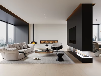 Modern Living Dining Area With Beige Sofa Black Accents And Fireplace Large Windows 3d model