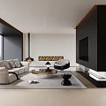 Modern Living Dining Area With Beige Sofa Black Accents And Fireplace Large Windows