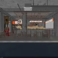 Japanese Ramen Restaurant Interior With Wooden Tables and Stools Wheat Decorations Brick Wall Hanging Lanterns