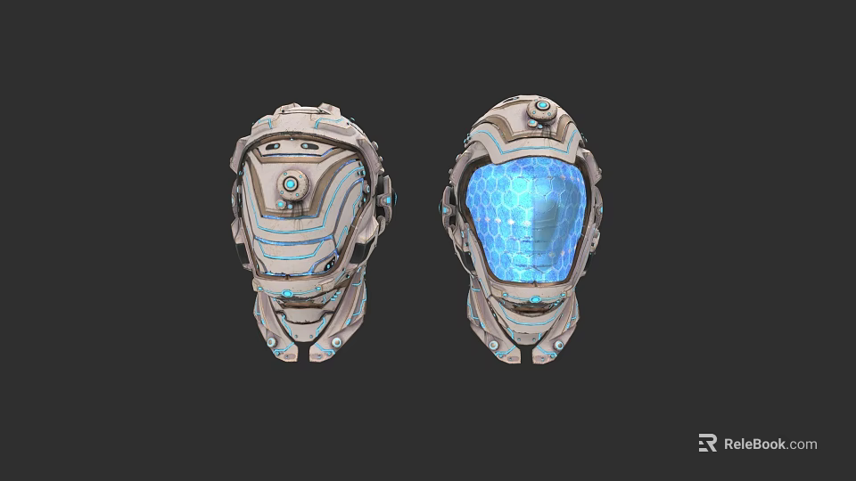 Two Futuristic Sci-Fi Character Helmets With Mechanical Design And Blue Illuminated Visors 3d model 