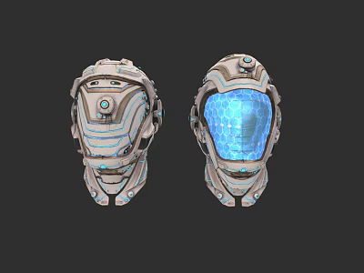 Two Futuristic Sci-Fi Character Helmets With Mechanical Design And Blue Illuminated Visors 3d model