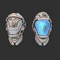 Two Futuristic Sci-Fi Character Helmets With Mechanical Design And Blue Illuminated Visors