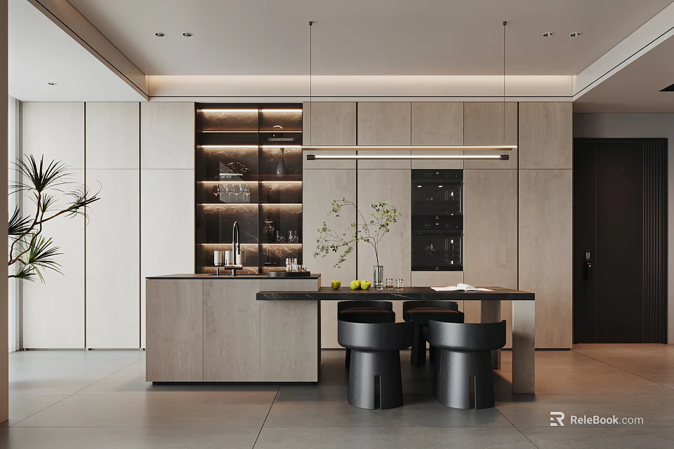 Modern Open Restaurant Kitchen Interior Design With Island Cabinets Pendant Lights And Plants 3d model