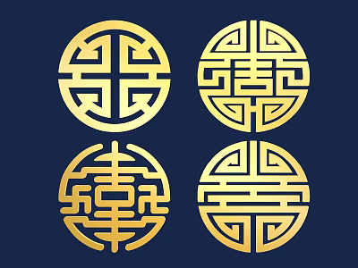 Traditional Chinese Auspicious Symbols in Golden Circular Design with Double Happiness and Longevity Patterns 3d model