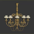 Ornate Golden Chandelier With White Glass Shades And Decorative Curved Arms For Home Decor