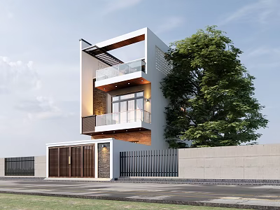 Modern Detached Villa Two Storey Design With Balcony Wooden Gate Large Tree And Front Fence 3d model