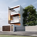 Modern Detached Villa Two Storey Design With Balcony Wooden Gate Large Tree And Front Fence