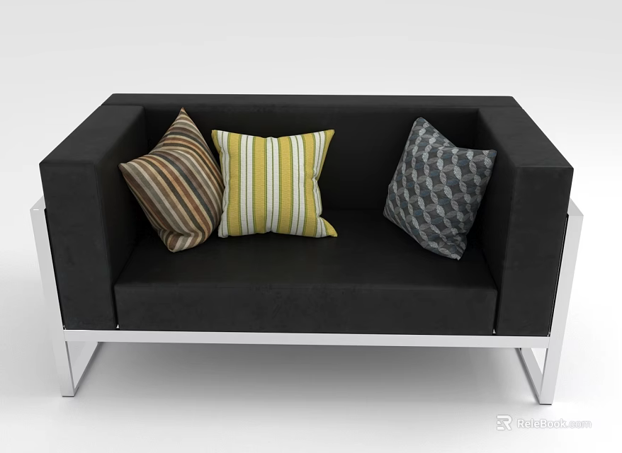 Black Sofa With Silver Metal Legs And Three Decorative Striped Geometric Pillows 3d model 