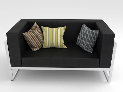 Black Sofa With Silver Metal Legs And Three Decorative Striped Geometric Pillows 3d model