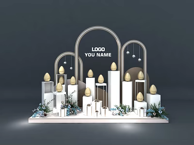 Stylish Event Gateway Featuring Arched Design White Pillars Golden Egg Decor Blue Flowers Hanging Lights 3d model