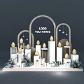 Stylish Event Gateway Featuring Arched Design White Pillars Golden Egg Decor Blue Flowers Hanging Lights